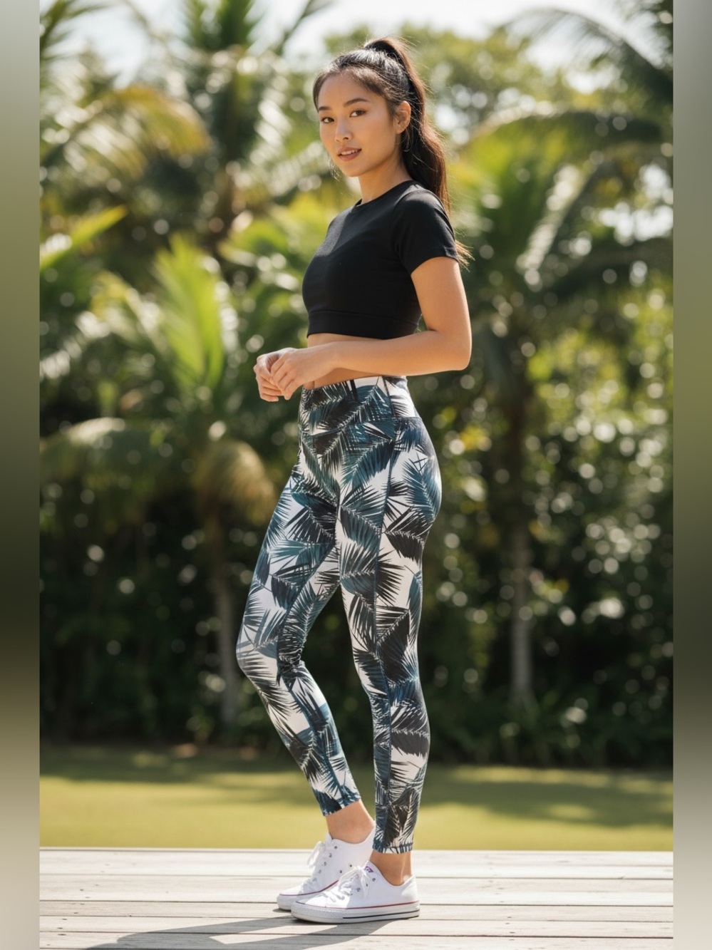 Tropical Palm Print Leggings - Teal & Black